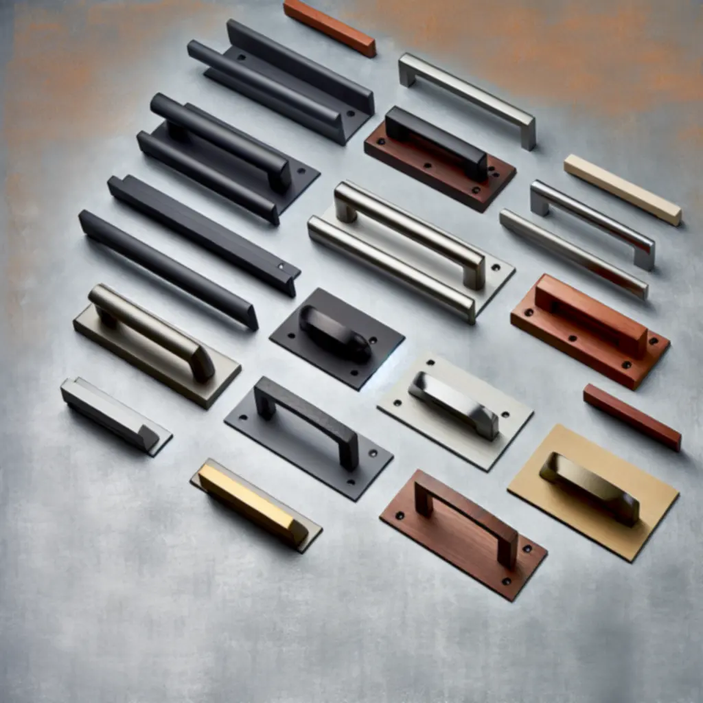 Zestaw klamek drzwiowych w różnych kształtach i wykończeniach