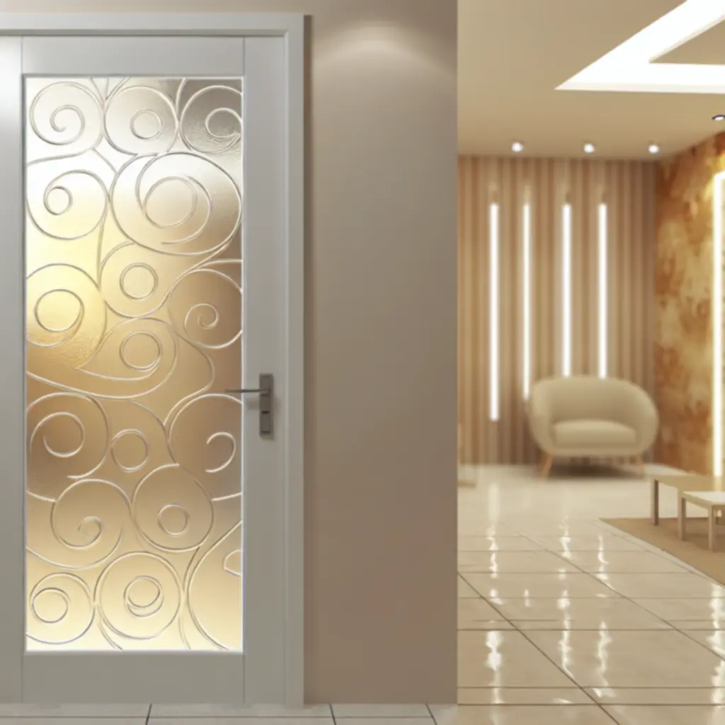 Nowoczesne drzwi z dekoracyjnym szkłem i subtelnym doświetleniem