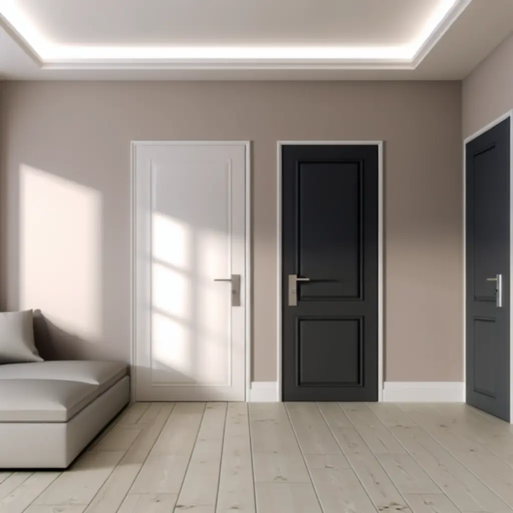 Minimalistyczne wnętrze z eleganckimi drzwiami o gładkiej powierzchni i ukrytych zawiasach