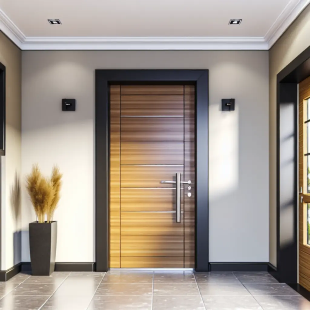 Nowoczesne drzwi wejściowe Dorvexano w elegancznym, minimalistycznym holu